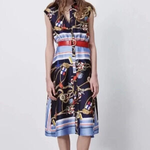 Zara Nautical Anchor Print Midi Dress M